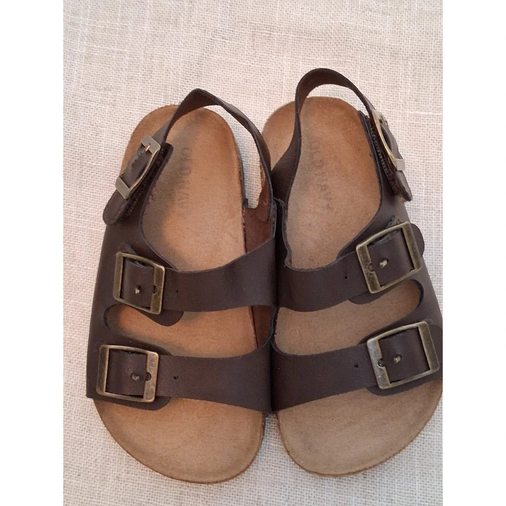 Old Navy Toddler Boys Brown Double Strap Earth Sandals Size 7 Brass Buckles